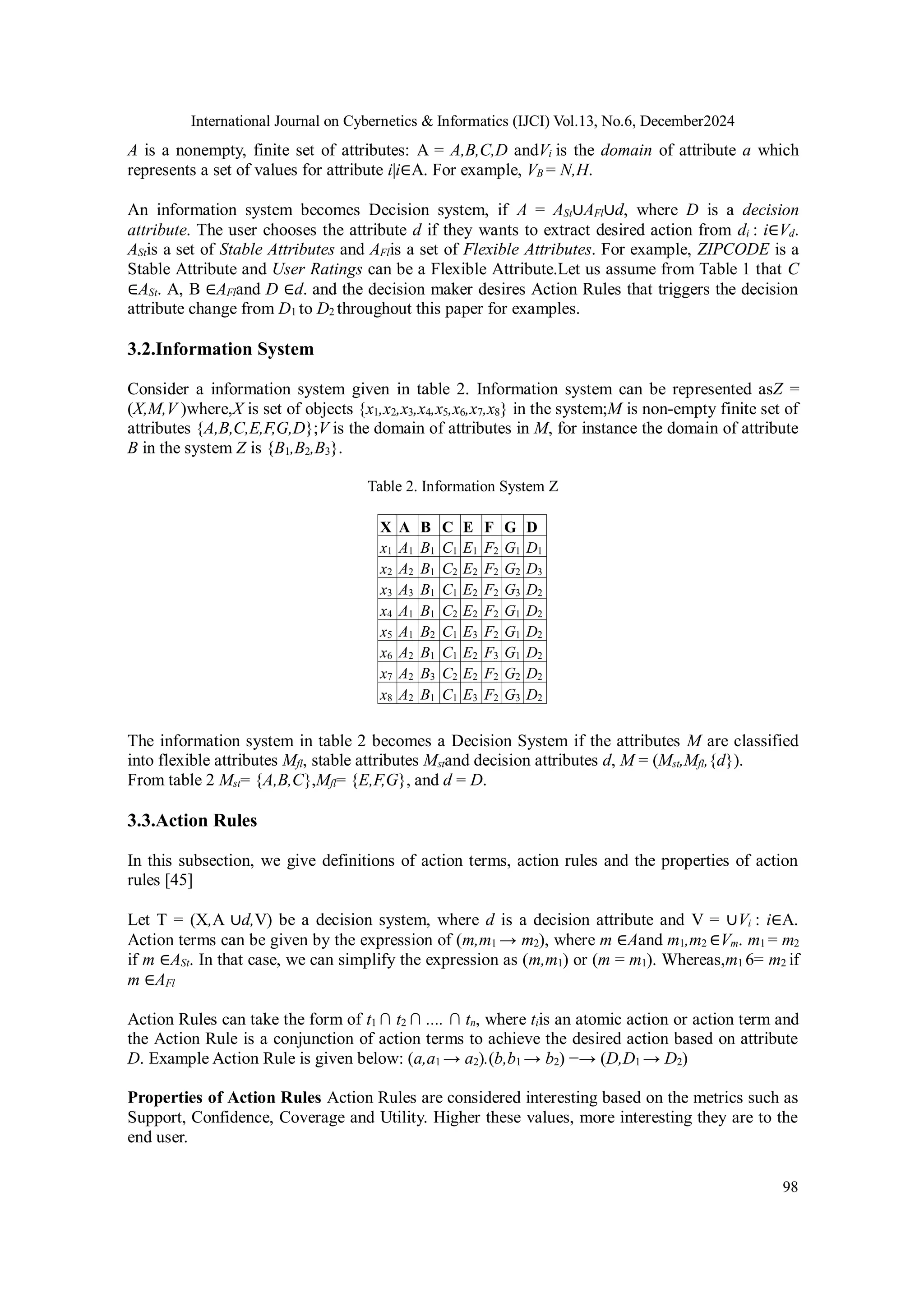 International Journal on Cybernetics & Informatics (IJCI) Vol.13, No.6, December2024
98
A is a nonempty, finite set of attributes: A = A,B,C,D andVi is the domain of attribute a which
represents a set of values for attribute i|i∈A. For example, VB = N,H.
An information system becomes Decision system, if A = ASt∪AFl∪d, where D is a decision
attribute. The user chooses the attribute d if they wants to extract desired action from di : i∈Vd.
AStis a set of Stable Attributes and AFlis a set of Flexible Attributes. For example, ZIPCODE is a
Stable Attribute and User Ratings can be a Flexible Attribute.Let us assume from Table 1 that C
∈ASt. A, B ∈AFland D ∈d. and the decision maker desires Action Rules that triggers the decision
attribute change from D1 to D2 throughout this paper for examples.
3.2.Information System
Consider a information system given in table 2. Information system can be represented asZ =
(X,M,V )where,X is set of objects {x1,x2,x3,x4,x5,x6,x7,x8} in the system;M is non-empty finite set of
attributes {A,B,C,E,F,G,D};V is the domain of attributes in M, for instance the domain of attribute
B in the system Z is {B1,B2,B3}.
Table 2. Information System Z
X A B C E F G D
x1 A1 B1 C1 E1 F2 G1 D1
x2 A2 B1 C2 E2 F2 G2 D3
x3 A3 B1 C1 E2 F2 G3 D2
x4 A1 B1 C2 E2 F2 G1 D2
x5 A1 B2 C1 E3 F2 G1 D2
x6 A2 B1 C1 E2 F3 G1 D2
x7 A2 B3 C2 E2 F2 G2 D2
x8 A2 B1 C1 E3 F2 G3 D2
The information system in table 2 becomes a Decision System if the attributes M are classified
into flexible attributes Mfl, stable attributes Mstand decision attributes d, M = (Mst,Mfl,{d}).
From table 2 Mst= {A,B,C},Mfl= {E,F,G}, and d = D.
3.3.Action Rules
In this subsection, we give definitions of action terms, action rules and the properties of action
rules [45]
Let T = (X,A ∪d,V) be a decision system, where d is a decision attribute and V = ∪Vi : i∈A.
Action terms can be given by the expression of (m,m1 → m2), where m ∈Aand m1,m2 ∈Vm. m1 = m2
if m ∈ASt. In that case, we can simplify the expression as (m,m1) or (m = m1). Whereas,m1 6= m2 if
m ∈AFl
Action Rules can take the form of t1 ∩ t2 ∩ .... ∩ tn, where tiis an atomic action or action term and
the Action Rule is a conjunction of action terms to achieve the desired action based on attribute
D. Example Action Rule is given below: (a,a1 → a2).(b,b1 → b2) −→ (D,D1 → D2)
Properties of Action Rules Action Rules are considered interesting based on the metrics such as
Support, Confidence, Coverage and Utility. Higher these values, more interesting they are to the
end user.
 