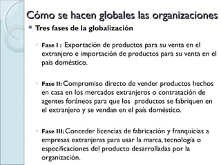 Cómo se hacen globales las organizaciones
 Tres   fases de la globalización

  ◦ Fase I : Exportación de productos para su venta en el
    extranjero e importación de productos para su venta en el
    país doméstico.

  ◦ Fase II: Compromiso directo de vender productos hechos
    en casa en los mercados extranjeros o contratación de
    agentes foráneos para que los productos se fabriquen en
    el extranjero y se vendan en el país doméstico.

  ◦ Fase III: Conceder licencias de fabricación y franquicias a
    empresas extranjeras para usar la marca, tecnología o
    especificaciones del producto desarrolladas por la
    organización.
 