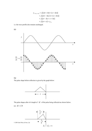 y 
c y 
x 
y 
∂ 
= 
∂ 
t 
∂ 
∂ 
© 2008 John Wiley & Sons, Ltd 
y f c t t x x 
[ ( ) ( )] 
= + Δ + + Δ +Δ +Δ 
, 1 
f c t x c x x 
[ ( ) ( )] 
= − Δ + + Δ 
1 
f ct x x x 
[ ] 
= − Δ + + Δ 
t x 
t t x x 
1 
f [ ct x ] 
y 
= + = 
1 , 
i.e. the wave profile also remains unchanged. 
5.3 
5.4 
The pulse shape before reflection is given by the graph below: 
The pulse shapes after of a length of Δl of the pulse being reflected are shown below: 
(a) Δl = l 4 
x 
x 
l 
l 
2 
3 
l 
4 
1 
1 Z = ∞ 2 Z 
 