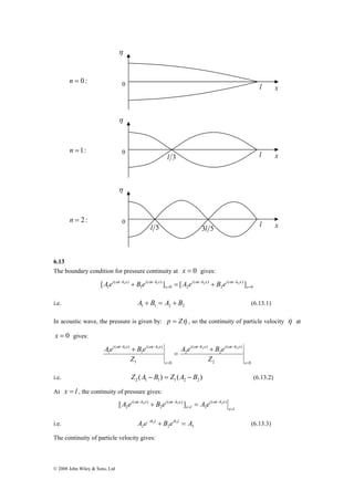 η 
0 l x n = 0 : 
n =1: 
η 
0 l 
6.13 
The boundary condition for pressure continuity at x = 0 gives: 
Aei ωt k x B ei ωt k x A e ω B e ω 
Ae ω B e ω ω ω 
© 2008 John Wiley & Sons, Ltd 
0 
( ) 
− + − = + 2 
x 
( ) 
0 2 
( ) 
1 
( ) 
1 [ 1 1 ] [ 2 2 ] 
= 
− − 
= 
i t k x i t k x 
x 
i.e. 1 1 2 2 A + B = A + B (6.13.1) 
In acoustic wave, the pressure is given by: p = Zη& , so the continuity of particle velocity η& at 
x = 0 gives: 
( ) 
A e B e 
2 
− − + 
2 0 
( ) 
2 
( ) 
1 
1 0 
( ) 
1 
1 1 2 2 
= 
− − 
= 
= 
+ 
x 
i t k x i t k x 
x 
i t k x i t k x 
Z 
Z 
i.e. ( ) ( ) 2 1 1 1 2 2 Z A − B = Z A − B (6.13.2) 
At x = l , the continuity of pressure gives: 
x l 
i t k x 
A ei t k x B ei t k x A e 
− + − = ( ) 
[ ω 2 ω 2 ] ω 3 
x l 
= 
− 
= 
3 
( ) 
2 
( ) 
2 
A e−ik2l + B eik2l = A (6.13.3) 
i.e. 2 2 3 
The continuity of particle velocity gives: 
l 3 x 
n = 2 : 
η 
0 x 
l 5 3l 5 l 
 