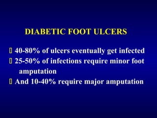 DIABETIC FOOT ULCERS
 40-80% of ulcers eventually get infected
 25-50% of infections require minor foot
amputation
 And...