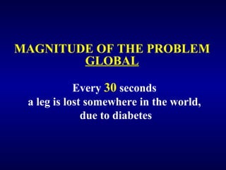 MAGNITUDE OF THE PROBLEM
GLOBAL
Every 30 seconds
a leg is lost somewhere in the world,
due to diabetes
 