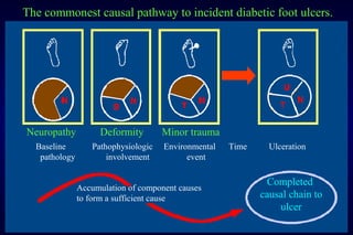 Neuropathy Deformity Minor trauma
Baseline Pathophysiologic Environmental Time Ulceration
pathology involvement event
Accumulation of component causes
to form a sufficient cause
Completed
causal chain to
ulcer
The commonest causal pathway to incident diabetic foot ulcers.
 