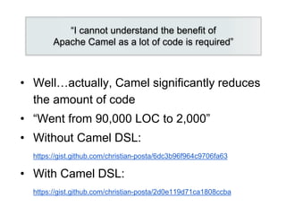 • Well…actually, Camel significantly reduces
the amount of code
• “Went from 90,000 LOC to 2,000”
• Without Camel DSL:
htt...
