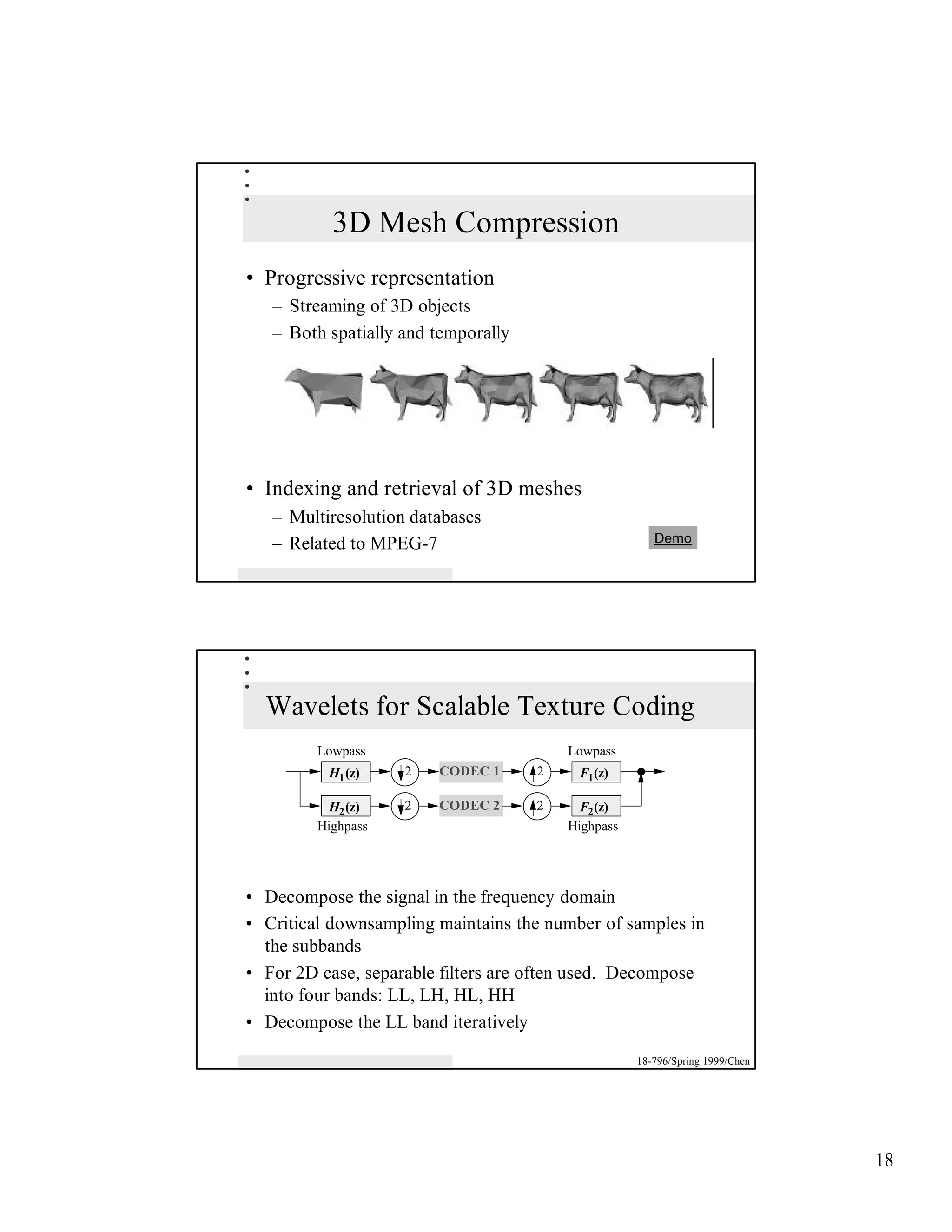 3D Mesh Compression
• Progressive representation
   – Streaming of 3D objects
   – Both spatially and temporally




• Indexing and retrieval of 3D meshes
   – Multiresolution databases
   – Related to MPEG-7                                 Demo




  Wavelets for Scalable Texture Coding
         Lowpass                         Lowpass
          H1 (z)    2   CODEC 1      2    F1 (z)

          H2 (z)    2   CODEC 2      2    F2 (z)
         Highpass                        Highpass




• Decompose the signal in the frequency domain
• Critical downsampling maintains the number of samples in
  the subbands
• For 2D case, separable filters are often used. Decompose
  into four bands: LL, LH, HL, HH
• Decompose the LL band iteratively
                                                    18-796/Spring 1999/Chen




                                                                              18
 