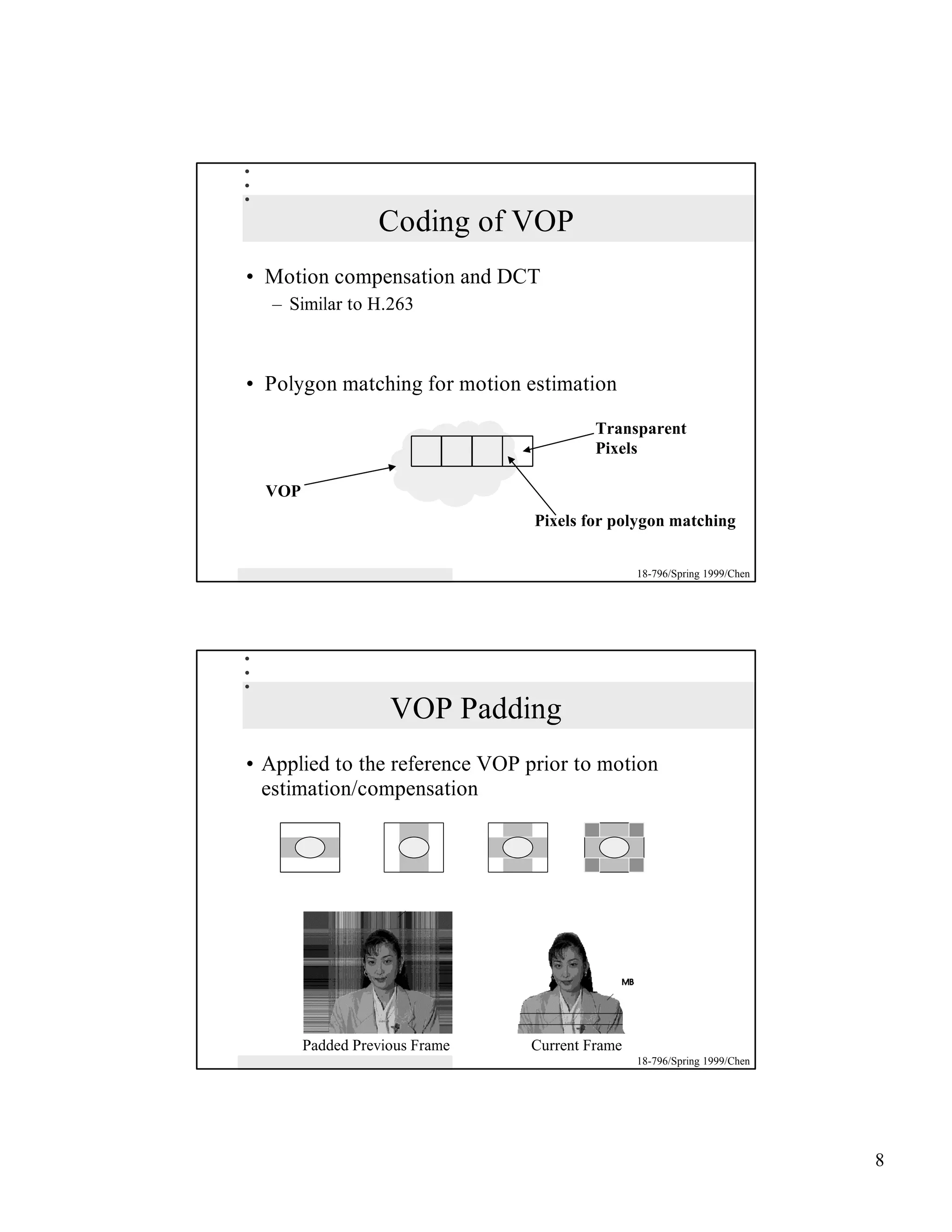 Coding of VOP
• Motion compensation and DCT
   – Similar to H.263



• Polygon matching for motion estimation

                                         Transparent
                                         Pixels

  VOP
                                Pixels for polygon matching


                                                18-796/Spring 1999/Chen




                    VOP Padding
• Applied to the reference VOP prior to motion
  estimation/compensation




        Padded Previous Frame   Current Frame
                                                18-796/Spring 1999/Chen




                                                                          8
 