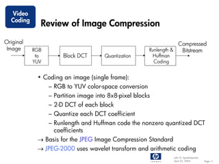 Video
  Coding
             Review of Image Compression
Original                                                           Compressed
 Image     RGB                                         Runlength &  Bitstream
            to        Block DCT       Quantization         Huffman
           YUV                                             Coding


            • Coding an image (single frame):
                 – RGB to YUV color-space conversion
                 – Partition image into 8x8-pixel blocks
                 – 2-D DCT of each block
                 – Quantize each DCT coefficient
                 – Runlength and Huffman code the nonzero quantized DCT
                   coefficients
            → Basis for the JPEG Image Compression Standard
            → JPEG-2000 uses wavelet transform and arithmetic coding
                                                                     John G. Apostolopoulos
                                                                     April 22, 2004           Page 11
 