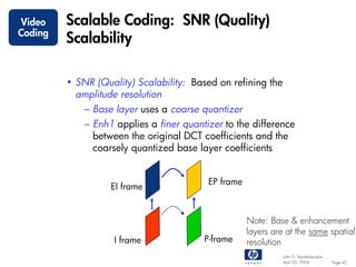 Video    Scalable Coding: SNR (Quality)
Coding
         Scalability

         • SNR (Quality) Scalability: Based on refining the
           amplitude resolution
             – Base layer uses a coarse quantizer
             – Enh1 applies a finer quantizer to the difference
               between the original DCT coefficients and the
               coarsely quantized base layer coefficients


                                          EP frame
                   EI frame


                                                     Note: Base & enhancement
                                                     layers are at the same spatial
                    I frame              P-frame     resolution
                                                               John G. Apostolopoulos
                                                               April 22, 2004           Page 42
 