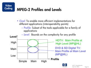Video
Coding
            MPEG-2 Profiles and Levels

            • Goal: To enable more efficient implementations for
              different applications (interoperability points)
                – Profile: Subset of the tools applicable for a family of
                  applications
                – Level: Bounds on the complexity for any profile
    Level
                                                HDTV: Main Profile at
    High                                        High Level (MP@HL)

    Main                                        DVD & SD Digital TV:
                                                Main Profile at Main Level
    Low                                         (MP@ML)
                                            Profile
             Simple     Main       High
                                                                 John G. Apostolopoulos
                                                                 April 22, 2004           Page 52
 