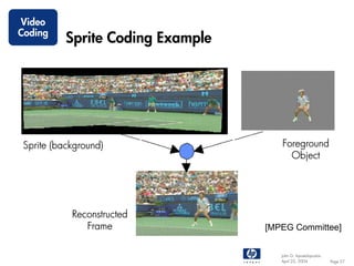 Video
Coding
           Sprite Coding Example




 Sprite (background)                  Foreground
                                        Object




            Reconstructed
               Frame               [MPEG Committee]


                                      John G. Apostolopoulos
                                      April 22, 2004           Page 57
 