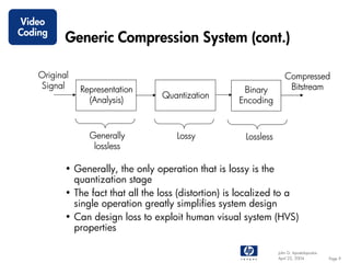 Video
Coding
           Generic Compression System (cont.)

    Original                                                          Compressed
    Signal     Representation                          Binary          Bitstream
                                   Quantization
                 (Analysis)                           Encoding



                 Generally             Lossy            Lossless
                  lossless

           • Generally, the only operation that is lossy is the
             quantization stage
           • The fact that all the loss (distortion) is localized to a
             single operation greatly simplifies system design
           • Can design loss to exploit human visual system (HVS)
             properties

                                                                   John G. Apostolopoulos
                                                                   April 22, 2004           Page 9
 