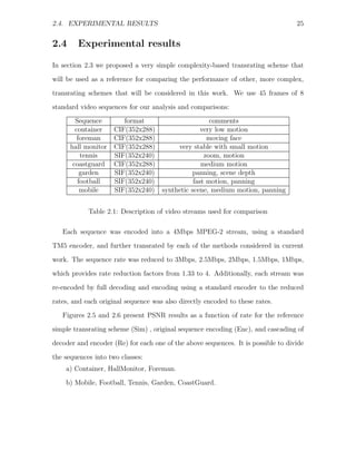 2.4. EXPERIMENTAL RESULTS                                                          25


2.4     Experimental results

In section 2.3 we proposed a very simple complexity-based transrating scheme that
will be used as a reference for comparing the performance of other, more complex,
transrating schemes that will be considered in this work. We use 45 frames of 8
standard video sequences for our analysis and comparisons:
        Sequence        format                     comments
        container    CIF(352x288)               very low motion
         foreman     CIF(352x288)                 moving face
      hall monitor   CIF(352x288)      very stable with small motion
          tennis     SIF(352x240)                zoom, motion
       coastguard    CIF(352x288)               medium motion
          garden     SIF(352x240)           panning, scene depth
         football    SIF(352x240)            fast motion, panning
          mobile     SIF(352x240) synthetic scene, medium motion, panning


            Table 2.1: Description of video streams used for comparison

   Each sequence was encoded into a 4Mbps MPEG-2 stream, using a standard
TM5 encoder, and further transrated by each of the methods considered in current
work. The sequence rate was reduced to 3Mbps, 2.5Mbps, 2Mbps, 1.5Mbps, 1Mbps,
which provides rate reduction factors from 1.33 to 4. Additionally, each stream was

re-encoded by full decoding and encoding using a standard encoder to the reduced
rates, and each original sequence was also directly encoded to these rates.
   Figures 2.5 and 2.6 present PSNR results as a function of rate for the reference
simple transrating scheme (Sim) , original sequence encoding (Enc), and cascading of
decoder and encoder (Re) for each one of the above sequences. It is possible to divide

the sequences into two classes:
    a) Container, HallMonitor, Foreman.
    b) Mobile, Football, Tennis, Garden, CoastGuard.
 