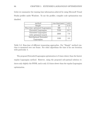 66                   CHAPTER 5. EXTENDED LAGRANGIAN OPTIMIZATION


below we summarize the running time information achieved by using Microsoft Visual
Studio proﬁler under Windows. To use the proﬁler, compiler code optimization was
disabled.

                           method             run-time(msec)      ratio
                           Simple                   50            0.15
                Run-time optimized Lagrangian       330             1
                    Extended Lagrangian            7150           21.7
                    Extended Lagrangian
                                                   2600            7.9
                    with optimized search
                   Sub-Optimal Extended
                                                   1100            3.3
                         Lagrangian


Table 5.2: Run-time of diﬀerent transrating approaches. For ”Simple” method run-
time is measured over one frame. For other algorithms the time is for one iteration
with particular λ.


     The proposed Extended Lagrangian optimization is 8 times slower than the fastest
regular Lagrangian method. However, using the proposed sub-optimal solution re-
duces only slightly the PSNR, and is only 3.3 times slower than the regular Lagrangian
optimization.
 