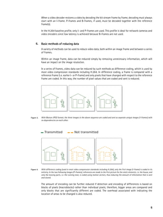 When a video decoder restores a video by decoding the bit stream frame by frame, decoding must always
            start with an I-frame. P-frames and B-frames, if used, must be decoded together with the reference
            frame(s).

            In the H.264 baseline profile, only I- and P-frames are used. This profile is ideal for network cameras and
            video encoders since low latency is achieved because B-frames are not used.


      6.    Basic methods of reducing data
            A variety of methods can be used to reduce video data, both within an image frame and between a series
            of frames.

            Within an image frame, data can be reduced simply by removing unnecessary information, which will
            have an impact on the image resolution.

            In a series of frames, video data can be reduced by such methods as difference coding, which is used by
            most video compression standards including H.264. In difference coding, a frame is compared with a
            reference frame (i.e. earlier I- or P-frame) and only pixels that have changed with respect to the reference
            frame are coded. In this way, the number of pixel values that are coded and sent is reduced.




Figure 3.   With Motion JPEG format, the three images in the above sequence are coded and sent as separate unique images (I-frames) with
            no dependencies on each other.




Figure 4.   With difference coding (used in most video compression standards including H.264), only the first image (I-frame) is coded in its
            entirety. In the two following images (P-frames), references are made to the first picture for the static elements, i.e. the house, and
            only the moving parts, i.e. the running man, is coded using motion vectors, thus reducing the amount of information that is sent
            and stored.


            The amount of encoding can be further reduced if detection and encoding of differences is based on
            blocks of pixels (macroblocks) rather than individual pixels; therefore, bigger areas are compared and
            only blocks that are significantly different are coded. The overhead associated with indicating the
            location of areas to be changed is also reduced.




                                                                                                                                                 6
 