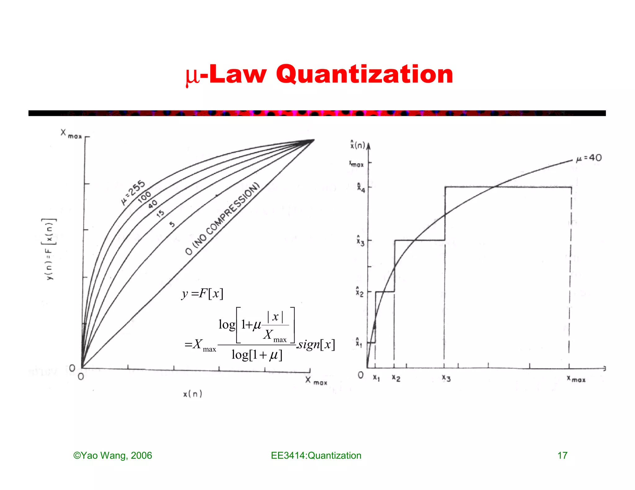 µ-Law Quantization




                  y =F [ x ]
                                  |x| 
                          log 1+µ
                                  X max 
                                         .sign[ x]
                  = X max
                            log[1 + µ ]




©Yao Wang, 2006                     EE3414:Quantization   17
 