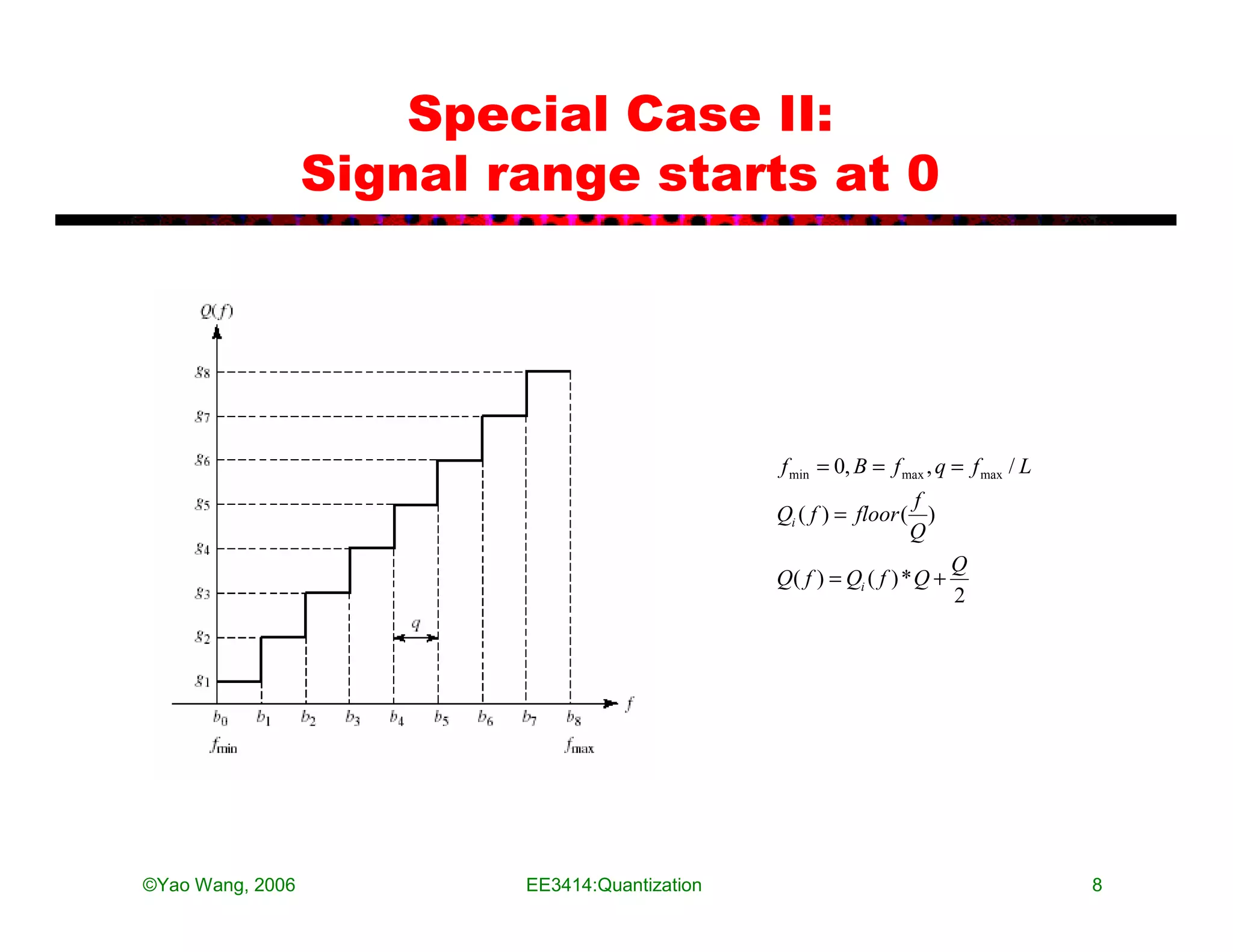 Special Case II:
                  Signal range starts at 0




                                                f min = 0, B = f max , q = f max / L
                                                                  f
                                                Qi ( f ) = floor ( )
                                                                  Q
                                                                          Q
                                                Q( f ) = Qi ( f ) * Q +
                                                                          2




©Yao Wang, 2006           EE3414:Quantization                                          8
 