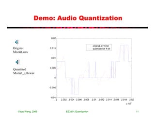 Demo: Audio Quantization

                      0.02


                                                            original at 16 bit
Original             0.015                                  quantized at 4 bit
Mozart.wav
                      0.01



                     0.005
Quantized
Mozart_q16.wav
                         0



                     -0.005



                      -0.01
                              2   2.002 2.004 2.006 2.008   2.01   2.012 2.014 2.016 2.018   2.02
                                                                                              4
                                                                                         x 10


   ©Yao Wang, 2006                    EE3414:Quantization                                           11
 