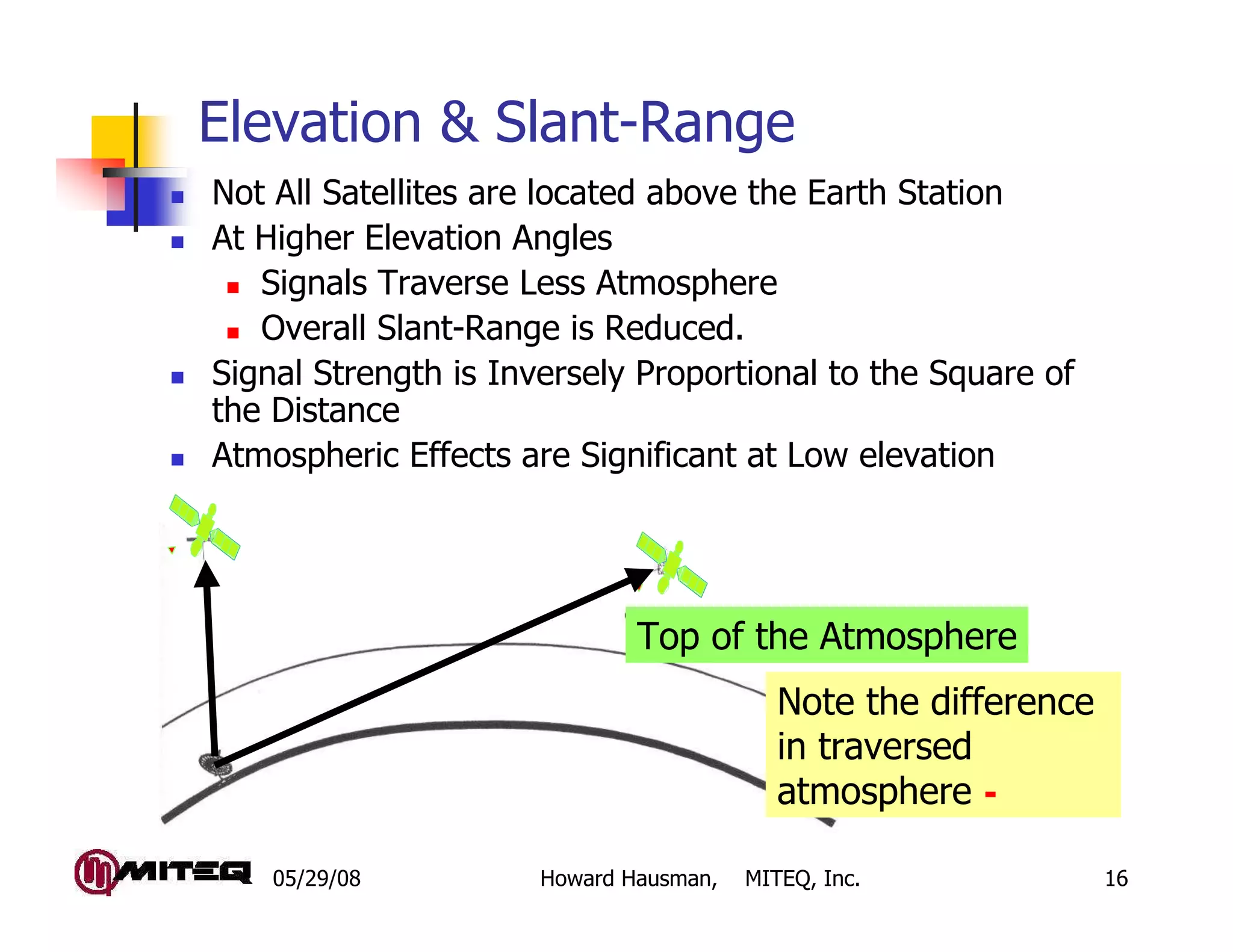 Elevation & Slant-Range
Not All Satellites are located above the Earth Station
At Higher Elevation Angles
   Signals Traverse Less Atmosphere
   Overall Slant-Range is Reduced.
Signal Strength is Inversely Proportional to the Square of
the Distance
Atmospheric Effects are Significant at Low elevation




                              Top of the Atmosphere
                                           Note the difference
                                           in traversed
                                           atmosphere -

    05/29/08          Howard Hausman,   MITEQ, Inc.              16
 
