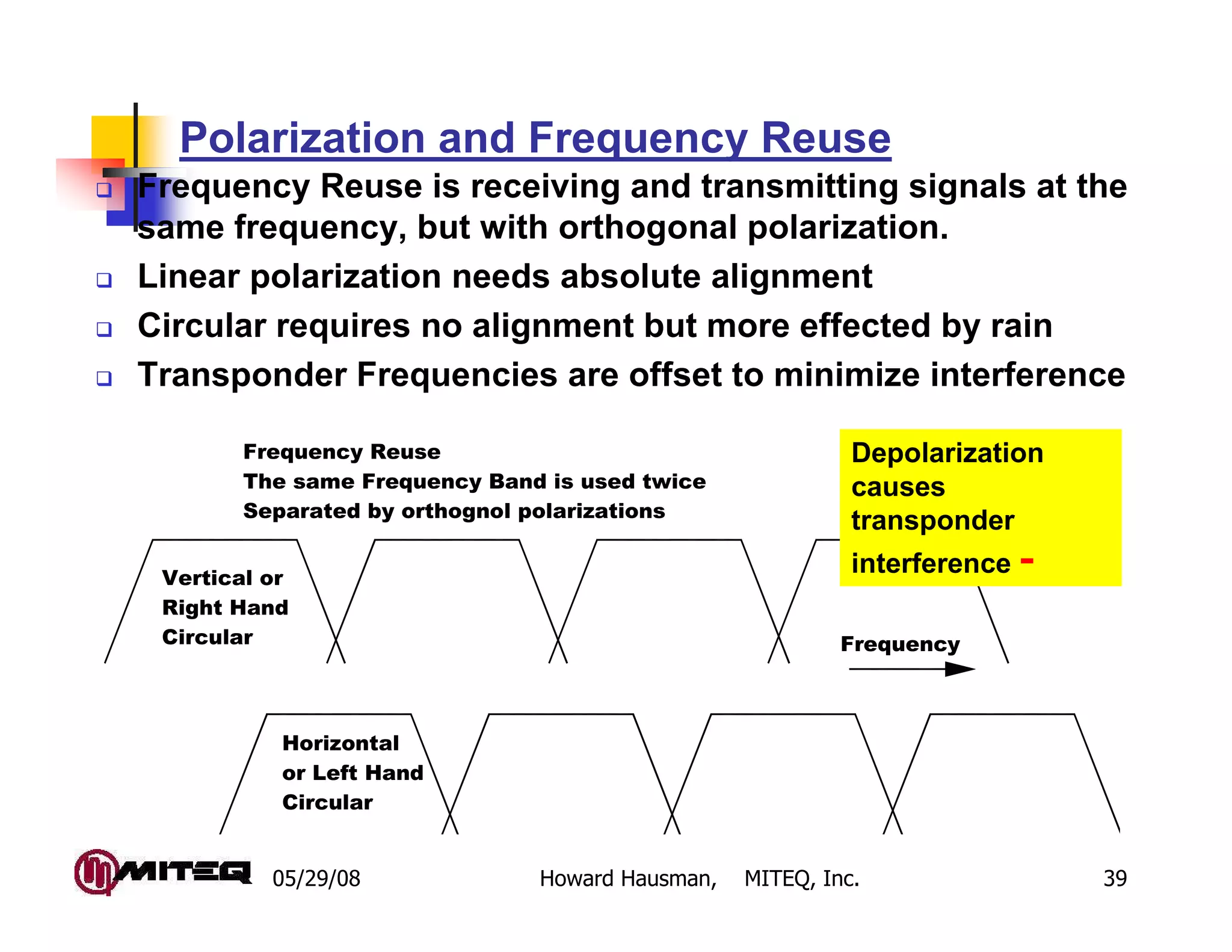 Polarization and Frequency Reuse
Frequency Reuse is receiving and transmitting signals at the
same frequency, but with orthogonal polarization.
Linear polarization needs absolute alignment
Circular requires no alignment but more effected by rain
Transponder Frequencies are offset to minimize interference

        Frequency Reuse                                    Depolarization
        The same Frequency Band is used twice              causes
        Separated by orthognol polarizations
                                                           transponder
 Vertical or
                                                           interference -
 Right Hand
 Circular                                                 Frequency



           Horizontal
           or Left Hand
           Circular


          05/29/08             Howard Hausman,   MITEQ, Inc.                39
 