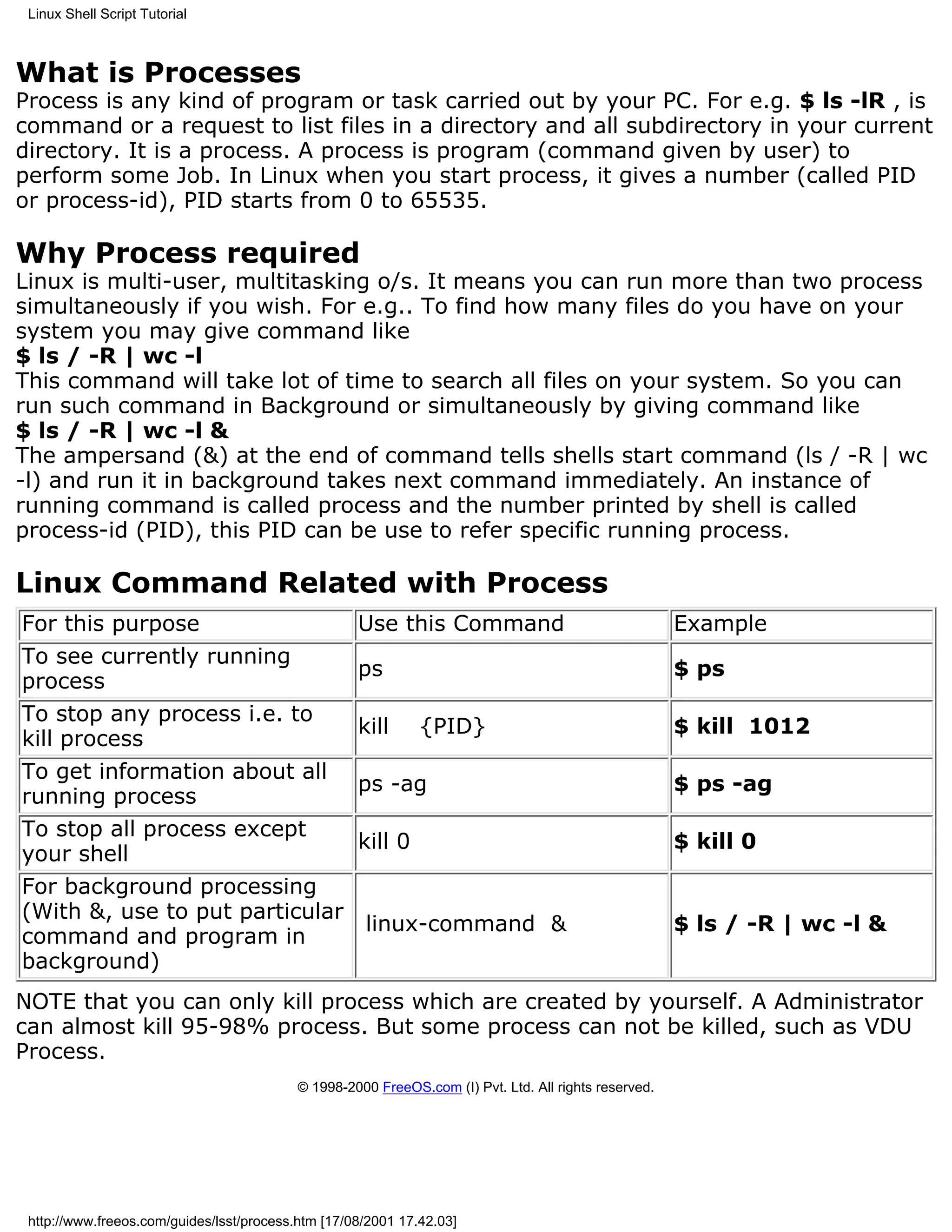 Linux Shell Script Tutorial



What is Processes
Process is any kind of program or task carried out by your PC. For e.g. $ ls -lR , is
command or a request to list files in a directory and all subdirectory in your current
directory. It is a process. A process is program (command given by user) to
perform some Job. In Linux when you start process, it gives a number (called PID
or process-id), PID starts from 0 to 65535.

Why Process required
Linux is multi-user, multitasking o/s. It means you can run more than two process
simultaneously if you wish. For e.g.. To find how many files do you have on your
system you may give command like
$ ls / -R | wc -l
This command will take lot of time to search all files on your system. So you can
run such command in Background or simultaneously by giving command like
$ ls / -R | wc -l &
The ampersand (&) at the end of command tells shells start command (ls / -R | wc
-l) and run it in background takes next command immediately. An instance of
running command is called process and the number printed by shell is called
process-id (PID), this PID can be use to refer specific running process.

Linux Command Related with Process
For this purpose                                    Use this Command                                   Example
To see currently running
                                                    ps                                                 $ ps
process
To stop any process i.e. to
                                                    kill      {PID}                                    $ kill 1012
kill process
To get information about all
                                                    ps -ag                                             $ ps -ag
running process
To stop all process except
                                                    kill 0                                             $ kill 0
your shell
For background processing
(With &, use to put particular
                                                     linux-command &                                   $ ls / -R | wc -l &
command and program in
background)
NOTE that you can only kill process which are created by yourself. A Administrator
can almost kill 95-98% process. But some process can not be killed, such as VDU
Process.
                                           © 1998-2000 FreeOS.com (I) Pvt. Ltd. All rights reserved.




 http://www.freeos.com/guides/lsst/process.htm [17/08/2001 17.42.03]
 