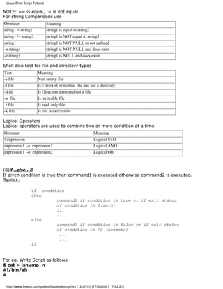 Linux Shell Script Tutorial

NOTE: == is equal, != is not equal.
For string Comparisons use
Operator                       Meaning
string1 = string2              string1 is equal to string2
string1 != string2             string1 is NOT equal to string2
string1                        string1 is NOT NULL or not defined
-n string1                     string1 is NOT NULL and does exist
-z string1                     string1 is NULL and does exist

Shell also test for file and directory types
Test                   Meaning
-s file                Non empty file
-f file                Is File exist or normal file and not a directory
-d dir                 Is Directory exist and not a file
-w file                Is writeable file
-r file                Is read-only file
-x file                Is file is executable

Logical Operators
Logical operators are used to combine two or more condition at a time
Operator                                                    Meaning
! expression                                                Logical NOT
expression1 -a expression2                                  Logical AND
expression1 -o expression2                                  Logical OR



(8)if...else...fi
If given condition is true then command1 is executed otherwise command2 is executed.
Syntax:

                  if condition
                  then
                           command1 if condition is true or if exit status
                           of condition is 0(zero)
                           ...
                           ...
                  else
                           command2 if condition is false or if exit status
                           of condition is >0 (nonzero)
                            ...
                            ...
                  fi


For eg. Write Script as follows
$ cat > isnump_n
#!/bin/sh
#

 http://www.freeos.com/guides/lsst/shellprog.htm (12 of 19) [17/08/2001 17.42.21]
 