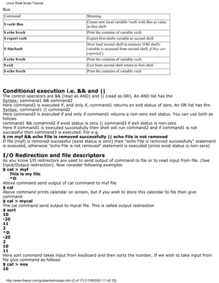 Linux Shell Script Tutorial

Bus
Command                                                 Meaning
                                                        Create new local variable 'vech' with Bus as value
$ vech=Bus
                                                        in first shell
$ echo $vech                                            Print the contains of variable vech
$ export vech                                           Export first shells variable to second shell
                                                        Now load second shell in memory (Old shell's
$ /bin/bash                                             variable is accessed from second shell, if they are
                                                        exported )
$ echo $vech                                            Print the contains of variable vech
$ exit                                                  Exit from second shell return to first shell
$ echo $vech                                            Print the contains of variable vech




Conditional execution i.e. && and ||
The control operators are && (read as AND) and || (read as OR). An AND list has the
Syntax: command1 && command2
Here command2 is executed if, and only if, command1 returns an exit status of zero. An OR list has the
Syntax: command1 || command2
Here command2 is executed if and only if command1 returns a non-zero exit status. You can use both as
follows
command1 && comamnd2 if exist status is zero || command3 if exit status is non-zero
Here if command1 is executed successfully then shell will run command2 and if command1 is not
successful then command3 is executed. For e.g.
$ rm myf && echo File is removed successfully || echo File is not removed
If file (myf) is removed successful (exist status is zero) then "echo File is removed successfully" statement
is executed, otherwise "echo File is not removed" statement is executed (since exist status is non-zero)

I/O Redirection and file descriptors
As you know I/O redirectors are used to send output of command to file or to read input from file. (See
Input/Output redirection). Now consider following examples
$ cat > myf
     This is my file
     ^D
Above command send output of cat command to myf file
$ cal
Above command prints calendar on screen, but if you wish to store this calendar to file then give
command
$ cal > mycal
The cal command send output to mycal file. This is called output redirection
$ sort
10
-20
11
2
^D
-20
2
10
11
Here sort command takes input from keyboard and then sorts the number, If we wish to take input from
file give command as follows
$ cat > nos
10

 http://www.freeos.com/guides/lsst/maspc.htm (2 of 17) [17/08/2001 17.42.32]
 