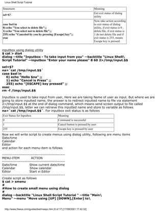 Linux Shell Script Tutorial

Statement                                                                      Meaning
                                                                               Get exit status of dialog
sel=$?
                                                                               utility
                                                                               Now take action according
case $sel in                                                                   to exit status of dialog
0) echo "You select to delete file";;                                          utility, if exit status is 0 ,
1) echo "You select not to delete file";;                                      delete file, if exit status is
255) echo "Canceled by you by pressing [Escape] key";;                         1 do not delete file and if
esac                                                                           exit status is 255, means
                                                                               Escape key is pressed.


inputbox using dialog utility
$ cat > dia4
dialog --title "Inputbox - To take input from you" --backtitle "Linux Shell
Script Tutorial" --inputbox "Enter your name please" 8 60 2>/tmp/input.$$

sel=$?
na=`cat /tmp/input.$$`
case $sel in
  0) echo "Hello $na" ;;
  1) echo "Cancel is Press" ;;
  255) echo "[ESCAPE] key pressed" ;;
esac
rm -f /tmp/input.$$

Inputbox is used to take input from user, Here we are taking Name of user as input. But where we are
going to store inputted name, the answer is to redirect inputted name to file via statement
2>/tmp/input.$$ at the end of dialog command, which means send screen output to file called
/tmp/input.$$, letter we can retrieve this inputted name and store to variable as follows
na=`cat /tmp/input.$$`. For inputbox exit status is as follows
Exit Status for Inputbox                         Meaning
0                                                Command is successful
1                                                Cancel button is pressed by user
255                                              Escape key is pressed by user
Now we will write script to create menus using dialog utility, following are menu items
Date/time
Calendar
Editor
and action for each menu-item is follows

-----------------------------------------------
MENU-ITEM             ACTION
-----------------------------------------------
Date/time           Show current date/time
Calendar             Show calendar
Editor              Start vi Editor
-----------------------------------------------
Create script as follows
$ cat > smenu
#
#How to create small menu using dialog
#
dialog --backtitle "Linux Shell Script Tutorial " --title "Main
Menu" --menu "Move using [UP] [DOWN],[Enter] to


 http://www.freeos.com/guides/lsst/maspc.htm (9 of 17) [17/08/2001 17.42.32]
 