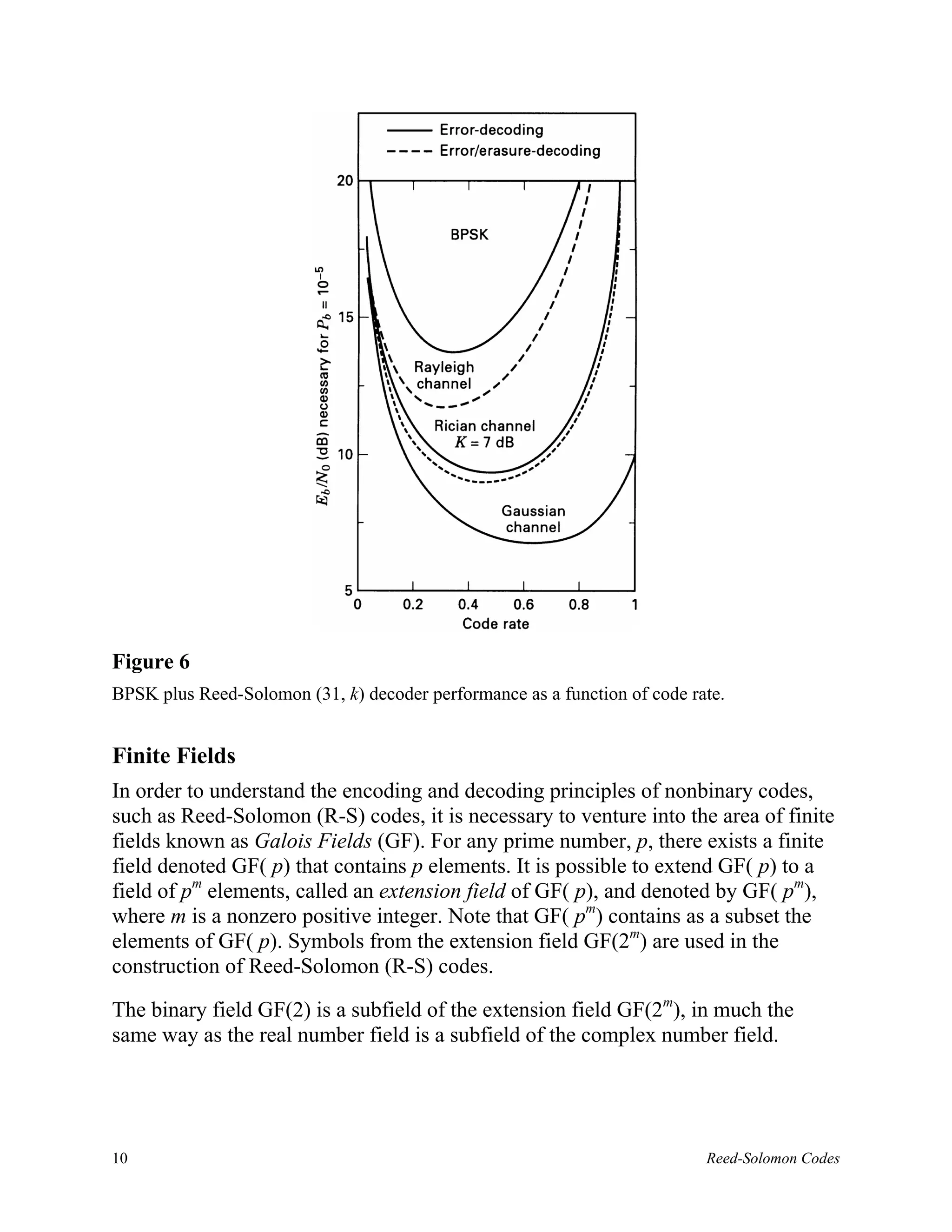 Figure 6
BPSK plus Reed-Solomon (31, k) decoder performance as a function of code rate.


Finite Fields
In order to understand the encoding and decoding principles of nonbinary codes,
such as Reed-Solomon (R-S) codes, it is necessary to venture into the area of finite
fields known as Galois Fields (GF). For any prime number, p, there exists a finite
field denoted GF( p) that contains p elements. It is possible to extend GF( p) to a
field of pm elements, called an extension field of GF( p), and denoted by GF( pm),
where m is a nonzero positive integer. Note that GF( pm) contains as a subset the
elements of GF( p). Symbols from the extension field GF(2m) are used in the
construction of Reed-Solomon (R-S) codes.

The binary field GF(2) is a subfield of the extension field GF(2m), in much the
same way as the real number field is a subfield of the complex number field.




10                                                                         Reed-Solomon Codes
 