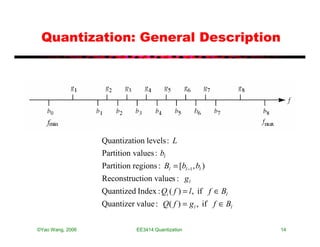 Quantization: General Description




                  Quantization levels : L
                  Partition values : bl
                  Partition regions : Bl = [bl −1 , bl )
                  Reconstruction values : g l
                  Quantized Index : Qi ( f ) = l , if f ∈ Bl
                  Quantizer value : Q( f ) = g l , if f ∈ Bl

©Yao Wang, 2006               EE3414:Quantization              14
 