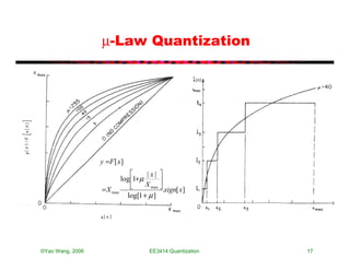 µ-Law Quantization




                  y =F [ x ]
                                  |x| 
                          log 1+µ
                                  X max 
                                         .sign[ x]
                  = X max
                            log[1 + µ ]




©Yao Wang, 2006                     EE3414:Quantization   17
 
