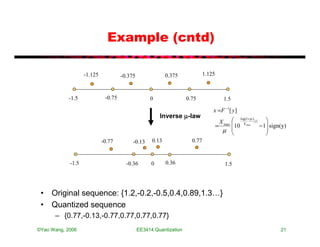 Example (cntd)

                   -1.125            -0.375                0.375             1.125



            -1.5             -0.75                 0                0.75               1.5

                                                                                 x =F −1[ y ]
                                                        Inverse µ-law
                                                                                      X       log(1+ µ ) y 
                                                                                     = max   10 X max − 1 sign(y)
                                                                                       µ                   
                                                                                                           
                            -0.77         -0.13     0.13              0.77


            -1.5                       -0.36        0      0.36                         1.5




 • Original sequence: {1.2,-0.2,-0.5,0.4,0.89,1.3…}
 • Quantized sequence
      – {0.77,-0.13,-0.77,0.77,0.77,0.77}
©Yao Wang, 2006                               EE3414:Quantization                                               21
 