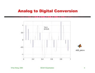 Analog to Digital Conversion


              1
                                   T=0.1
                                   Q=0.25

            0.5



              0



            -0.5

                                                             A2D_plot.m

             -1


                   0   0.2   0.4            0.6    0.8   1




©Yao Wang, 2006              EE3414:Quantization                      4
 