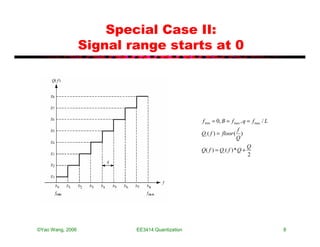 Special Case II:
                  Signal range starts at 0




                                                f min = 0, B = f max , q = f max / L
                                                                  f
                                                Qi ( f ) = floor ( )
                                                                  Q
                                                                          Q
                                                Q( f ) = Qi ( f ) * Q +
                                                                          2




©Yao Wang, 2006           EE3414:Quantization                                          8
 