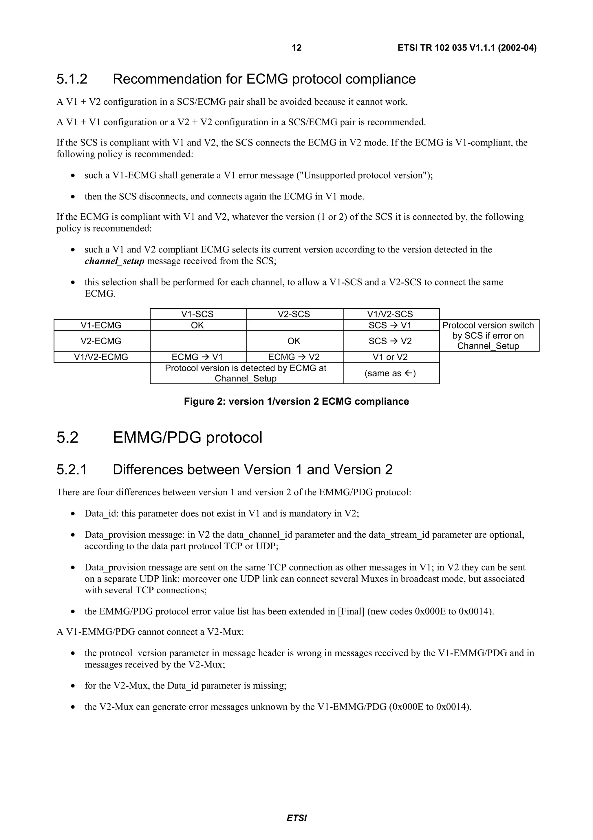 12                        ETSI TR 102 035 V1.1.1 (2002-04)


5.1.2        Recommendation for ECMG protocol compliance
A V1 + V2 configuration in a SCS/ECMG pair shall be avoided because it cannot work.

A V1 + V1 configuration or a V2 + V2 configuration in a SCS/ECMG pair is recommended.

If the SCS is compliant with V1 and V2, the SCS connects the ECMG in V2 mode. If the ECMG is V1-compliant, the
following policy is recommended:

   • such a V1-ECMG shall generate a V1 error message ("Unsupported protocol version");

   • then the SCS disconnects, and connects again the ECMG in V1 mode.

If the ECMG is compliant with V1 and V2, whatever the version (1 or 2) of the SCS it is connected by, the following
policy is recommended:

   • such a V1 and V2 compliant ECMG selects its current version according to the version detected in the
     channel_setup message received from the SCS;

   • this selection shall be performed for each channel, to allow a V1-SCS and a V2-SCS to connect the same
     ECMG.

                              V1-SCS                  V2-SCS                V1/V2-SCS
      V1-ECMG                   OK                                          SCS    V1         Protocol version switch
                                                                                                by SCS if error on
      V2-ECMG                                            OK                 SCS     V2
                                                                                                 Channel_Setup
    V1/V2-ECMG             ECMG       V1             ECMG    V2              V1 or V2
                          Protocol version is detected by ECMG at
                                                                            (same as     )
                                      Channel_Setup

                               Figure 2: version 1/version 2 ECMG compliance


5.2          EMMG/PDG protocol
5.2.1        Differences between Version 1 and Version 2
There are four differences between version 1 and version 2 of the EMMG/PDG protocol:

   • Data_id: this parameter does not exist in V1 and is mandatory in V2;

   • Data_provision message: in V2 the data_channel_id parameter and the data_stream_id parameter are optional,
     according to the data part protocol TCP or UDP;

   • Data_provision message are sent on the same TCP connection as other messages in V1; in V2 they can be sent
     on a separate UDP link; moreover one UDP link can connect several Muxes in broadcast mode, but associated
     with several TCP connections;

   • the EMMG/PDG protocol error value list has been extended in [Final] (new codes 0x000E to 0x0014).

A V1-EMMG/PDG cannot connect a V2-Mux:

   • the protocol_version parameter in message header is wrong in messages received by the V1-EMMG/PDG and in
     messages received by the V2-Mux;

   • for the V2-Mux, the Data_id parameter is missing;

   • the V2-Mux can generate error messages unknown by the V1-EMMG/PDG (0x000E to 0x0014).




                                                        ETSI
 