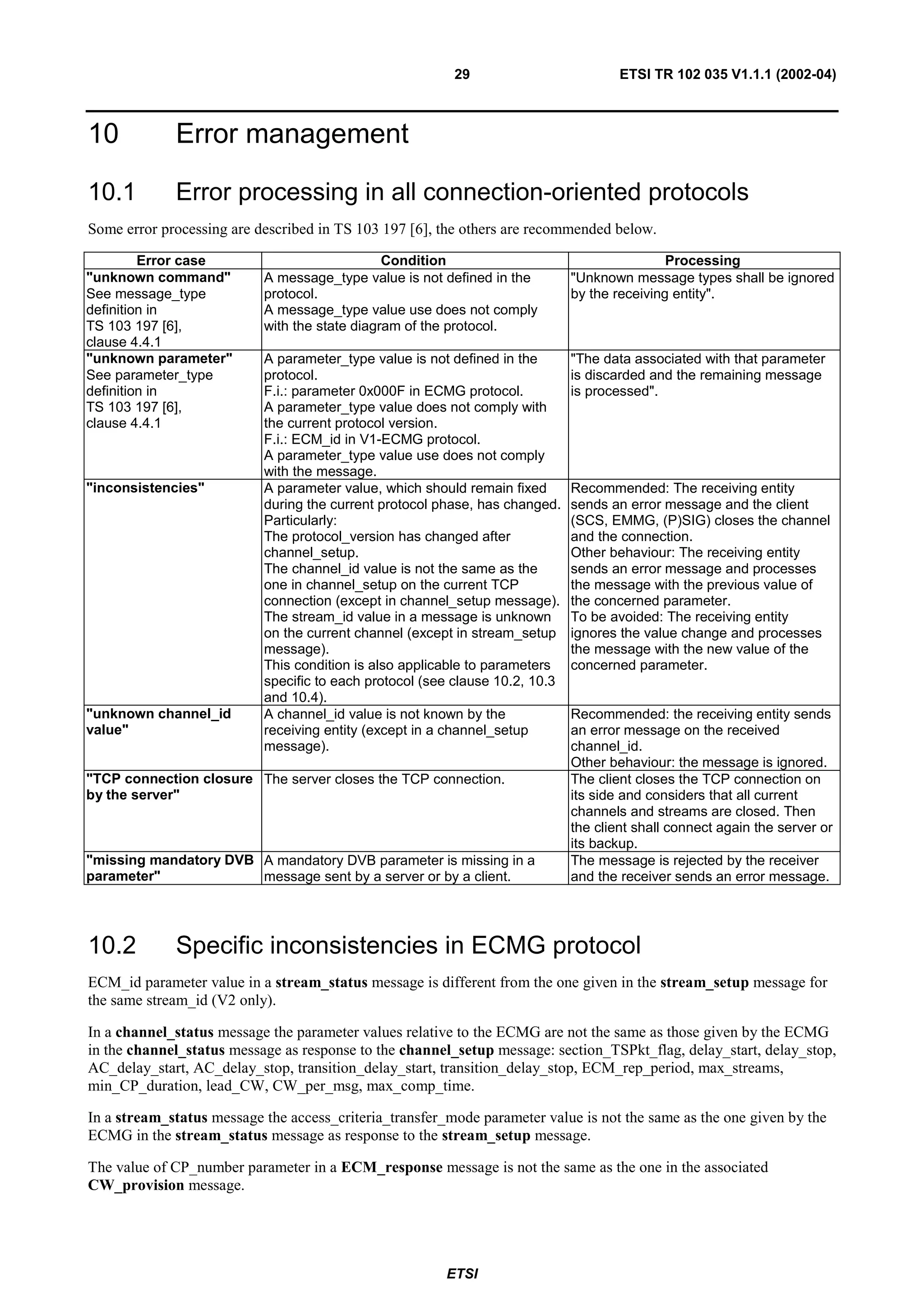 29                           ETSI TR 102 035 V1.1.1 (2002-04)



10           Error management

10.1         Error processing in all connection-oriented protocols
Some error processing are described in TS 103 197 [6], the others are recommended below.

         Error case                            Condition                                      Processing
"unknown command"          A message_type value is not defined in the         "Unknown message types shall be ignored
See message_type           protocol.                                          by the receiving entity".
definition in              A message_type value use does not comply
TS 103 197 [6],            with the state diagram of the protocol.
clause 4.4.1
"unknown parameter"        A parameter_type value is not defined in the       "The data associated with that parameter
See parameter_type         protocol.                                          is discarded and the remaining message
definition in              F.i.: parameter 0x000F in ECMG protocol.           is processed".
TS 103 197 [6],            A parameter_type value does not comply with
clause 4.4.1               the current protocol version.
                           F.i.: ECM_id in V1-ECMG protocol.
                           A parameter_type value use does not comply
                           with the message.
"inconsistencies"          A parameter value, which should remain fixed       Recommended: The receiving entity
                           during the current protocol phase, has changed.    sends an error message and the client
                           Particularly:                                      (SCS, EMMG, (P)SIG) closes the channel
                           The protocol_version has changed after             and the connection.
                           channel_setup.                                     Other behaviour: The receiving entity
                           The channel_id value is not the same as the        sends an error message and processes
                           one in channel_setup on the current TCP            the message with the previous value of
                           connection (except in channel_setup message).      the concerned parameter.
                           The stream_id value in a message is unknown        To be avoided: The receiving entity
                           on the current channel (except in stream_setup     ignores the value change and processes
                           message).                                          the message with the new value of the
                           This condition is also applicable to parameters    concerned parameter.
                           specific to each protocol (see clause 10.2, 10.3
                           and 10.4).
"unknown channel_id        A channel_id value is not known by the             Recommended: the receiving entity sends
value"                     receiving entity (except in a channel_setup        an error message on the received
                           message).                                          channel_id.
                                                                              Other behaviour: the message is ignored.
"TCP connection closure The server closes the TCP connection.                 The client closes the TCP connection on
by the server"                                                                its side and considers that all current
                                                                              channels and streams are closed. Then
                                                                              the client shall connect again the server or
                                                                              its backup.
"missing mandatory DVB A mandatory DVB parameter is missing in a              The message is rejected by the receiver
parameter"             message sent by a server or by a client.               and the receiver sends an error message.




10.2         Specific inconsistencies in ECMG protocol
ECM_id parameter value in a stream_status message is different from the one given in the stream_setup message for
the same stream_id (V2 only).

In a channel_status message the parameter values relative to the ECMG are not the same as those given by the ECMG
in the channel_status message as response to the channel_setup message: section_TSPkt_flag, delay_start, delay_stop,
AC_delay_start, AC_delay_stop, transition_delay_start, transition_delay_stop, ECM_rep_period, max_streams,
min_CP_duration, lead_CW, CW_per_msg, max_comp_time.

In a stream_status message the access_criteria_transfer_mode parameter value is not the same as the one given by the
ECMG in the stream_status message as response to the stream_setup message.

The value of CP_number parameter in a ECM_response message is not the same as the one in the associated
CW_provision message.




                                                        ETSI
 