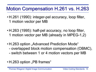 Motion Compensation H.261 vs. H.263
• H.261 (1990): integer-pel accuracy, loop filter,
  1 motion vector per MB

• H.263 (1995): half-pel accuracy, no loop filter,
  1 motion vector per MB (already in MPEG-1,2)

• H.263 option „Advanced Prediction Mode“
  - overlapped block motion compensation (OBMC),
  - switch between 1 or 4 motion vectors per MB

• H.263 option „PB frames“
 Thomas Wiegand: Digital Image Communication   Video Coding Standards 14
 