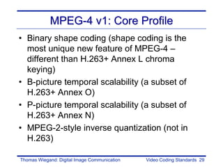 MPEG-4 v1: Core Profile
• Binary shape coding (shape coding is the
  most unique new feature of MPEG-4 –
  different than H.263+ Annex L chroma
  keying)
• B-picture temporal scalability (a subset of
  H.263+ Annex O)
• P-picture temporal scalability (a subset of
  H.263+ Annex N)
• MPEG-2-style inverse quantization (not in
  H.263)

Thomas Wiegand: Digital Image Communication   Video Coding Standards 29
 