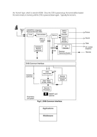 the “Kernel” layer, which is stored in ROM. Once the STB is powered up, the kernel will be loaded
first and remains in memory until the STB is powered down again. Typically the kernel is




                  DAB/MPEG Integrated
                                                                           MPEG
                  Receiver/decoder (IRD)                                                            Picture
                                                                           Video
                     Tuner          Demodulator                           Decoder
                                                               Demux

                                       MPEG -2                             MPEG                     Sound
                                       Transport                           Studio
                                        stream                            decoder
                                                                                                    Data

                                 Validation                                   SI                    On- screen
                                                            Command         Decoder
                                  Module                                                            Graphics
                                 (optional)                     bus    Receiver                     Remote
                                                                       Operating System




                  DVB Common Interface



                                                   DVB          CW
                                                descrambler
                  Validation
                  (optional)                                            Module
                                                                       Operating
                                                                        system
                                                Data filters
                                              (ECMs, EMMs)


                                                 Security
                                                Processor

                                                        SMART card
                                                        optional
                   Proprietary
                   CA system
                                    Fig.2 ; DVB Common Interface



                                               Applications


                                               Middleware
 