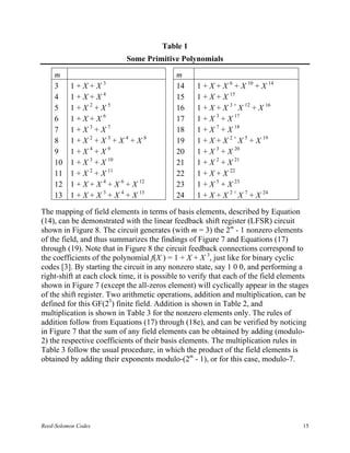 Table 1
                            Some Primitive Polynomials

    m                                       m
    3     1+X+X3                            14     1 + X + X 6 + X 10 + X 14
    4     1+X+X4                            15     1 + X + X 15
    5     1+X2+X5                           16     1 + X + X 3 + X 12 + X 16
    6     1+X+X6                            17     1 + X 3 + X 17
    7     1+X3+X7                           18     1 + X 7 + X 18
    8     1+X2+X3+X4+X8                     19     1 + X + X 2 + X 5 + X 19
    9     1+X4+X9                           20     1 + X 3 + X 20
    10    1 + X 3 + X 10                    21     1 + X 2 + X 21
    11    1 + X 2 + X 11                    22     1 + X + X 22
    12    1 + X + X 4 + X 6 + X 12          23     1 + X 5 + X 23
    13    1 + X + X 3 + X 4 + X 13          24     1 + X + X 2 + X 7 + X 24

The mapping of field elements in terms of basis elements, described by Equation
(14), can be demonstrated with the linear feedback shift register (LFSR) circuit
shown in Figure 8. The circuit generates (with m = 3) the 2m - 1 nonzero elements
of the field, and thus summarizes the findings of Figure 7 and Equations (17)
through (19). Note that in Figure 8 the circuit feedback connections correspond to
the coefficients of the polynomial f(X ) = 1 + X + X 3, just like for binary cyclic
codes [3]. By starting the circuit in any nonzero state, say 1 0 0, and performing a
right-shift at each clock time, it is possible to verify that each of the field elements
shown in Figure 7 (except the all-zeros element) will cyclically appear in the stages
of the shift register. Two arithmetic operations, addition and multiplication, can be
defined for this GF(23) finite field. Addition is shown in Table 2, and
multiplication is shown in Table 3 for the nonzero elements only. The rules of
addition follow from Equations (17) through (18e), and can be verified by noticing
in Figure 7 that the sum of any field elements can be obtained by adding (modulo-
2) the respective coefficients of their basis elements. The multiplication rules in
Table 3 follow the usual procedure, in which the product of the field elements is
obtained by adding their exponents modulo-(2m - 1), or for this case, modulo-7.




Reed-Solomon Codes                                                                    15
 