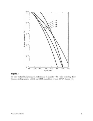Figure 2
Bit-error probability versus Eb/N0 performance of several n = 31, t-error correcting Reed-
Solomon coding systems with 32-ary MPSK modulation over an AWGN channel [4].




Reed-Solomon Codes                                                                           5
 