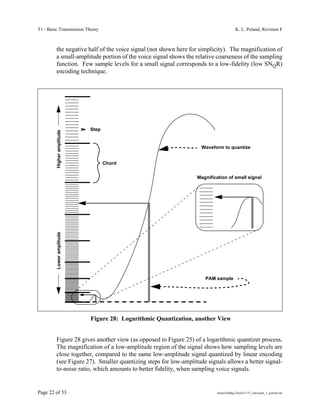 T1 - Basic Transmission Theory                                                         K. L. Poland, Revision F



         the negative half of the voice signal (not shown here for simplicity). The magnification of
         a small-amplitude portion of the voice signal shows the relative coarseness of the sampling
         function. Few sample levels for a small signal corresponds to a low-fidelity (low SNQR)
         encoding technique.




                            Step
         Higher amplitude




                                                                   Waveform to quantize


                                   Chord


                                                                 Magnification of small signal
         Lower amplitude




                                                                    PAM sample




                            Figure 28: Logarithmic Quantization, another View


         Figure 28 gives another view (as opposed to Figure 25) of a logarithmic quantizer process.
         The magnification of a low-amplitude region of the signal shows how sampling levels are
         close together, compared to the same low-amplitude signal quantized by linear encoding
         (see Figure 27). Smaller quantizing steps for low-amplitude signals allows a better signal-
         to-noise ratio, which amounts to better fidelity, when sampling voice signals.


Page 22 of 53                                                            /home/tellabg-2/ken/T1/T1_intro/part_3_portrait.fm
 