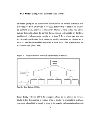 34
Dimensiones
Primarias
Subdimensiones
2.1.5. Modelo jerárquico de clasificación de servicio
El modelo jerárquico de clasificación de servicio es un modelo cualitativo. Fue
elaborado por Brady y Cronin en el año 2000. Este modelo se basa en los estudios
de Zeithaml et al., Grönroos y Dabholkar, Thorpe y Rentz estos tres últimos
autores definen la calidad del servicio de una manera jerarquizada, en donde se
establecen 3 niveles como se muestra en la figura 5. En el primer nivel aparecen
las percepciones globales de la calidad de servicio que tienen los clientes; en el
segundo nivel las dimensiones primarias, y en el tercer nivel se encuentran las
subdimensiones. (Setó, 2004).
Figura 5 Conceptualización multinivel de la calidad de servicio
Fuente: Setó Dolors. (2004).
Según Brady y Cronin (2001), la percepción global de los clientes se forma a
través de tres dimensiones, la relación entre el cliente y el empleado lo cual hace
referencia a la calidad funcional, el entorno del servicio, y el resultado del servicio
Calidad de
servicio
 
