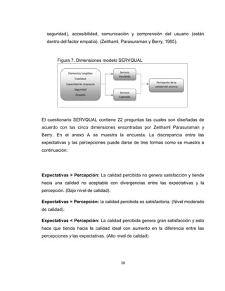 38
seguridad), accesibilidad, comunicación y comprensión del usuario (están
dentro del factor empatía), (Zeithaml, Parasuraman y Berry, 1985).
Figura 7. Dimensiones modelo SERVQUAL
Fuente: Traducido de Zeithaml, Berry y Parasuramant (1988)
El cuestionario SERVQUAL contiene 22 preguntas las cuales son diseñadas de
acuerdo con las cinco dimensiones encontradas por Zeithaml Parasuraman y
Berry. En el anexo A se muestra la encuesta. La discrepancia entre las
expectativas y las percepciones puede darse de tres formas como se muestra a
continuación:
Expectativas > Percepción: La calidad percibida no genera satisfacción y tiende
hacia una calidad no aceptable con divergencias entre las expectativas y la
percepción. (Bajo nivel de calidad).
Expectativas = Percepción: la calidad percibida es satisfactoria. (Nivel moderado
de calidad).
Expectativas < Percepción: La calidad percibida genera gran satisfacción y esto
hace que tienda hacia la calidad ideal con aumento en la diferencia entre las
percepciones y las expectativas. (Alto nivel de calidad)
Elementos tangibles
Fiabilidad
Capacidad de respuesta
Seguridad
Empatía
Servicio
Percibido
Servicio
Esperado
Percepción de la
calidad del servicio
 