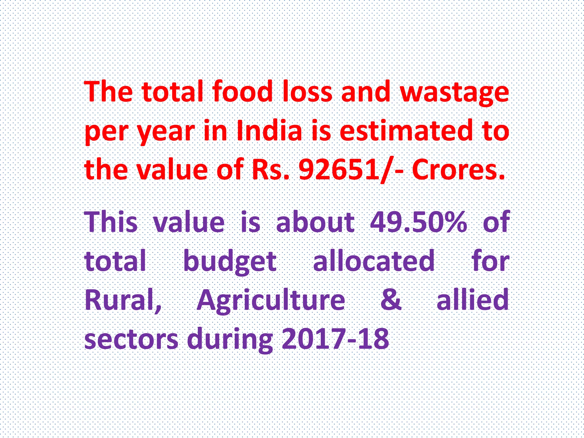 The total food loss and wastage
per year in India is estimated to
the value of Rs. 92651/- Crores.
This value is about 49.50% of
total budget allocated for
Rural, Agriculture & allied
sectors during 2017-18
 