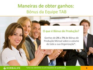 4
O que é Bônus de Produção?
Ganhos de 2% a 7% de Bônus de
Produção Mensal sobre o volume
de toda a sua Organização*.
*Uma vez atendidos os pré-requisitos de qualificação.
Maneiras de obter ganhos:
Bônus da Equipe TAB
 
