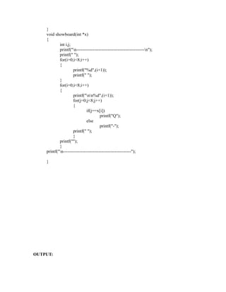 }
    void showboard(int *x)
    {
            int i,j;
            printf("n----------------------------------------------n");
            printf(" ");
            for(i=0;i<8;i++)
            {
                     printf("%d",(i+1));
                     printf(" ");
            }




                                                                            sy
            for(i=0;i<8;i++)
            {




                                                                  ea
                     printf("nn%d",(i+1));
                     for(j=0;j<8;j++)
                     {
                              if(j==x[i])




                                                     e
                                       printf("Q");



                                                  ad
                              else
                                       printf("-");
                     printf(" ");
                                           m
                     }
            printf("");
            }
                                    g

    printf("n----------------------------------------------");
                              in


    }
                       m
            am
   o gr
Pr




OUTPUT:
 
