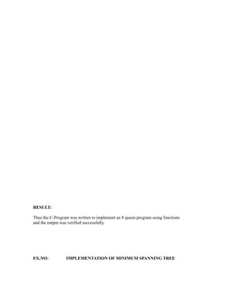 sy
                                                         ea
                                               e
                                            ad
                                       m
                                 g
                            in
                      m
             am
   o   gr




RESULT:
Pr




Thus the C-Program was written to implement an 8 queen program using functions
and the output was verified successfully.




EX.NO:           IMPLEMENTATION OF MINIMUM SPANNING TREE
 