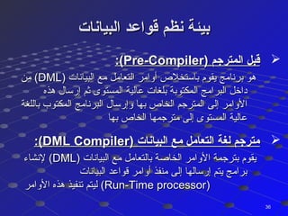 ‫البيانات‬ ‫قواعد‬ ‫نظم‬ ‫بيئة‬‫البيانات‬ ‫قواعد‬ ‫نظم‬ ‫بيئة‬
) ‫المترجم‬ ‫قبل‬) ‫المترجم‬ ‫قبل‬Pre-CompilerPre-Compiler:(:(
) ‫البيانات‬ ‫مع‬ ‫التعامل‬ ‫أوامر‬ ‫باستخلص‬ ‫يقوم‬ ‫برنامج‬ ‫هو‬) ‫البيانات‬ ‫مع‬ ‫التعامل‬ ‫أوامر‬ ‫باستخلص‬ ‫يقوم‬ ‫برنامج‬ ‫هو‬DMLDML‫من‬ (‫من‬ (
‫هذه‬ ‫إرسال‬ ‫ثم‬ ‫المستوى‬ ‫عالية‬ ‫بلغات‬ ‫المكتوبة‬ ‫البرامج‬ ‫داخل‬‫هذه‬ ‫إرسال‬ ‫ثم‬ ‫المستوى‬ ‫عالية‬ ‫بلغات‬ ‫المكتوبة‬ ‫البرامج‬ ‫داخل‬
‫باللغة‬ ‫المكتوب‬ ‫البرنامج‬ ‫وإرسال‬ ‫بها‬ ‫الخاص‬ ‫المترجم‬ ‫إلى‬ ‫الوامر‬‫باللغة‬ ‫المكتوب‬ ‫البرنامج‬ ‫وإرسال‬ ‫بها‬ ‫الخاص‬ ‫المترجم‬ ‫إلى‬ ‫الوامر‬
‫بها‬ ‫الخاص‬ ‫مترجمها‬ ‫إلى‬ ‫المستوى‬ ‫عالية‬‫بها‬ ‫الخاص‬ ‫مترجمها‬ ‫إلى‬ ‫المستوى‬ ‫عالية‬
) ‫البيانات‬ ‫مع‬ ‫التعامل‬ ‫لغة‬ ‫مترجم‬) ‫البيانات‬ ‫مع‬ ‫التعامل‬ ‫لغة‬ ‫مترجم‬DML CompilerDML Compiler:(:(
) ‫البيانات‬ ‫مع‬ ‫بالتعامل‬ ‫الخاصة‬ ‫الوامر‬ ‫بترجمة‬ ‫يقوم‬) ‫البيانات‬ ‫مع‬ ‫بالتعامل‬ ‫الخاصة‬ ‫الوامر‬ ‫بترجمة‬ ‫يقوم‬DMLDML‫لنشاء‬ (‫لنشاء‬ (
‫البيانات‬ ‫قواعد‬ ‫أوامر‬ ‫منفذ‬ ‫إلى‬ ‫إرسالها‬ ‫يتم‬ ‫برامج‬‫البيانات‬ ‫قواعد‬ ‫أوامر‬ ‫منفذ‬ ‫إلى‬ ‫إرسالها‬ ‫يتم‬ ‫برامج‬
))Run-Time processorRun-Time processor‫الوامر‬ ‫هذه‬ ‫تنفيذ‬ ‫ليتم‬ (‫الوامر‬ ‫هذه‬ ‫تنفيذ‬ ‫ليتم‬ (
3636
 