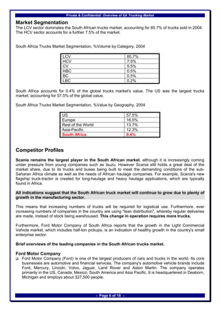 Private & Confidential: Overview of SA Trucking Market

Market Segmentation
The LCV sector dominates the South African trucks market, accounting for 85.7% of trucks sold in 2004.
The HCV sector accounts for a further 7.5% of the market.


South Africa Trucks Market Segmentation, %Volume by Category, 2004

                          LCV                                    85.7%
                          HCV                                    7.5%
                          CV                                     5.5%
                          HBC                                    0.5%
                          BC                                     0.5%
                          LBC                                    0.2%

South Africa accounts for 0.4% of the global trucks market's value. The US was the largest trucks
market, accounting for 57.5% of the global value.

South Africa Trucks Market Segmentation, %Value by Geography, 2004

                          US                                     57.5%
                          Europe                                 16.0%
                          Rest of the World                      13.7%
                          Asia-Pacific                           12.3%
                          South Africa                           0.4%


Competitor Profiles
Scania remains the largest player in the South African market, although it is increasingly coming
under pressure from young companies such as Isuzu. However Scania still holds a great deal of the
market share, due to its trucks and buses being built to meet the demanding conditions of the sub-
Saharan Africa climate as well as the needs of African haulage companies. For example, Scania's new
flagship truck-tractor is created for long-haulage and heavy haulage applications, which are typically
found in Africa.

All indications suggest that the South African truck market will continue to grow due to plenty of
growth in the manufacturing sector.

This means that increasing numbers of trucks will be required for logistical use. Furthermore, ever
increasing numbers of companies in the country are using "lean distribution", whereby regular deliveries
are made, instead of stock being warehoused. This change in operation requires more trucks.

Furthermore, Ford Motor Company of South Africa reports that the growth in the Light Commercial
Vehicle market, which includes half-ton pickups, is an indication of healthy growth in the country's small
enterprise sector.

Brief overviews of the leading companies in the South African trucks market.

Ford Motor Company
   Ford Motor Company (Ford) is one of the largest producers of cars and trucks in the world. Its core
   businesses are automotive and financial services. The company's automotive vehicle brands include
   Ford, Mercury, Lincoln, Volvo, Jaguar, Land Rover and Aston Martin. The company operates
   primarily in the US, Canada, Mexico, South America and Asia Pacific. It is headquartered in Deaborn,
   Michigan and employs about 327,500 people.



                                              - Page 6 of 10 -
 