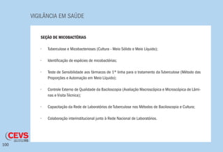 VIGILÂNCIA EM SAÚDE
100
SEÇÃO DE MICOBACTÉRIAS
•	 Tuberculose e Micobacterioses (Cultura - Meio Sólido e Meio Líquido);
•	 Identificação de espécies de micobactérias;
•	 Teste de Sensibilidade aos fármacos de 1ª linha para o tratamento da Tuberculose (Método das
Proporções e Automação em Meio Líquido);
•	 Controle Externo de Qualidade da Baciloscopia (Avaliação Macroscópica e Microscópica de Lâmi-
nas e Visita Técnica);
•	 Capacitação da Rede de Laboratórios de Tuberculose nos Métodos de Baciloscopia e Cultura;
•	 Colaboração interinstitucional junto à Rede Nacional de Laboratórios.
 